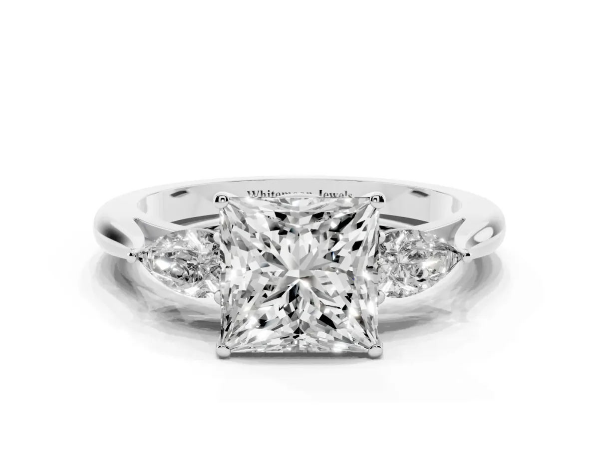 Three-Stone Princess Cut Diamond Ring with Pear Side Stones in Four-Prong Setting Silver
