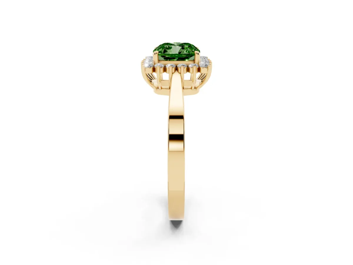 Fancy Green Cushion Cut Cut Diamond Halo Ring with Round Brilliant Halo and Solitaire Band Yellow gold