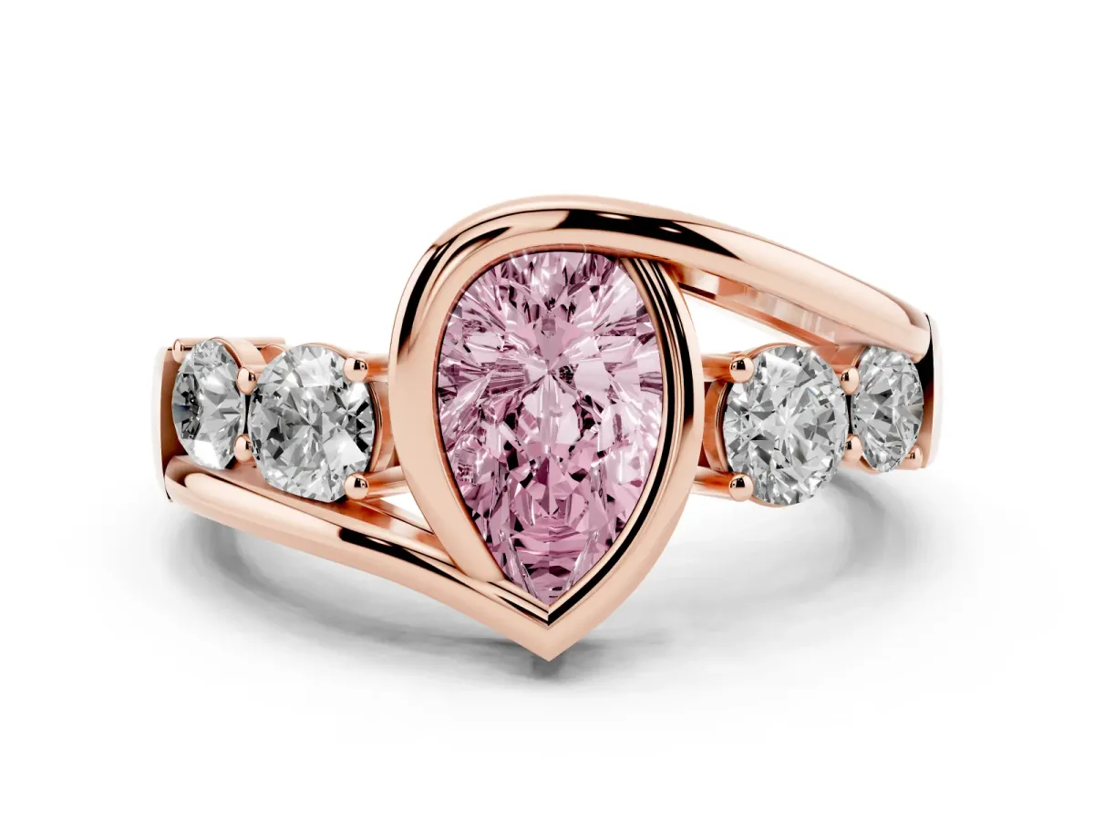 Fancy Pink Bezel Set Pear Cut Diamond Bypass Ring with Round Accents Rose gold