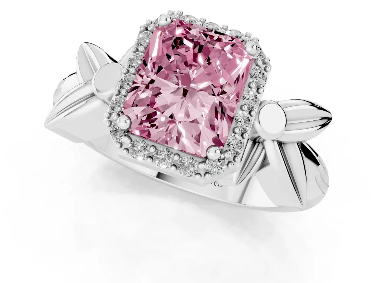 Fancy Pink Radiant Cut Halo Diamond Floral Band with Four-Prong Setting Platinum