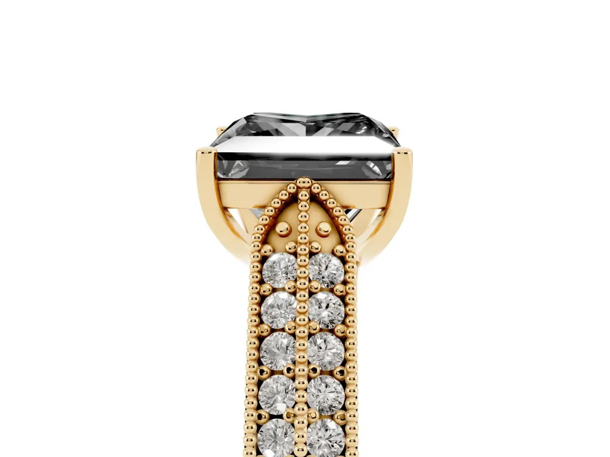 Fancy Black Princess Cut Cut Pave Split Shank Engagement Ring with Four-Prong Setting Yellow gold