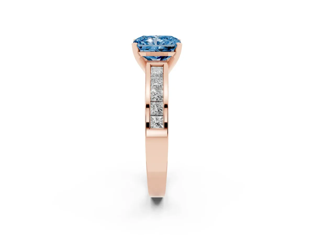 Fancy Blue Radiant Cut Solitaire Diamond Ring with Channel-Set Band and Four-Prong Setting Rose gold