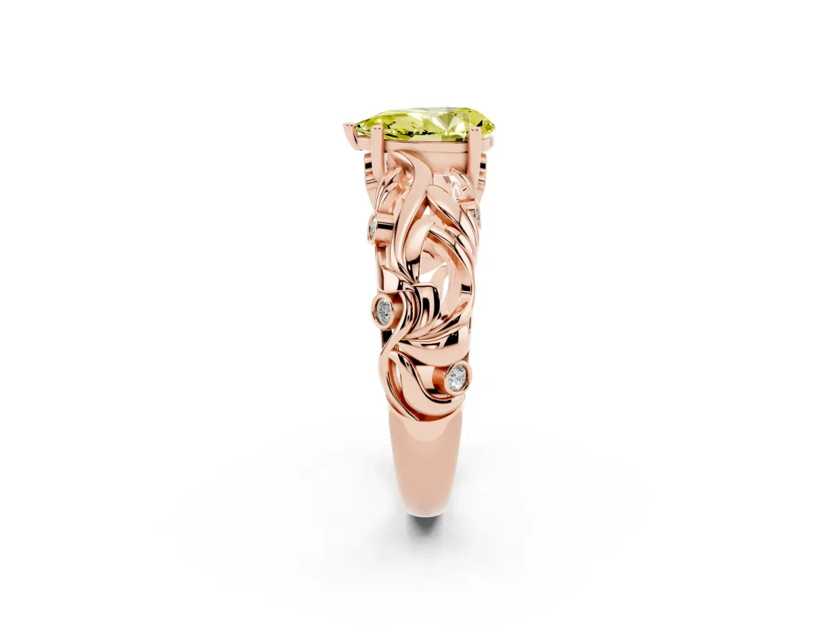 Fancy Yellow Pear Cut Solitaire Diamond Leaf-Inspired Vine Band Ring with Prong Setting Rose gold