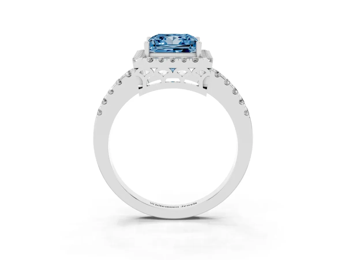 Fancy Blue Princess Cut Halo Diamond Engagement Ring with Pavé Band and Four-Prong Setting Platinum