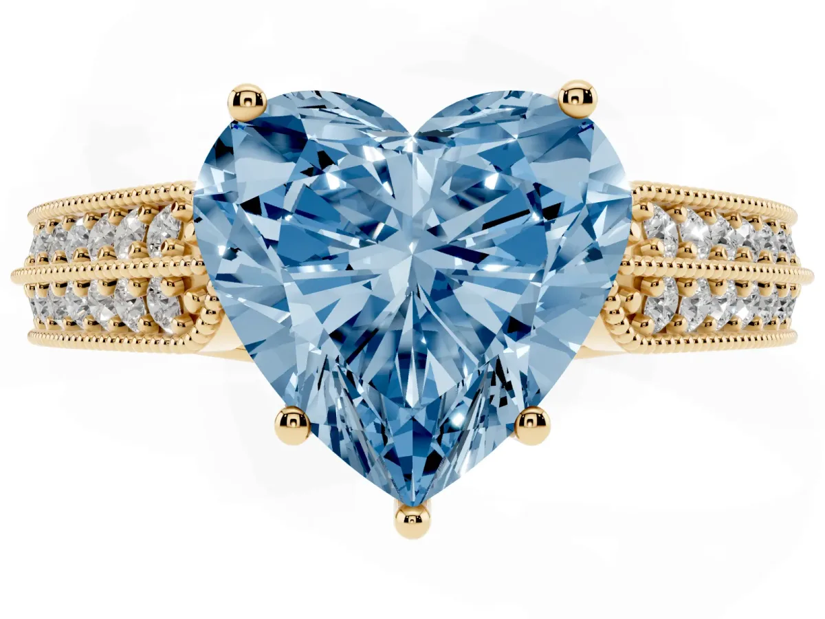 Fancy Blue Heart Cut Cut Pave Split Shank Engagement Ring with Four-Prong Setting Yellow gold