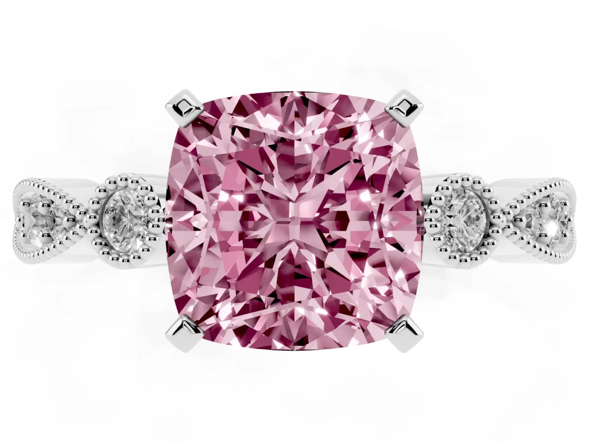 Fancy Pink Cushion Cut Milgrain Bezel Diamond Engagement Ring with Solitaire Prong Setting Silver
