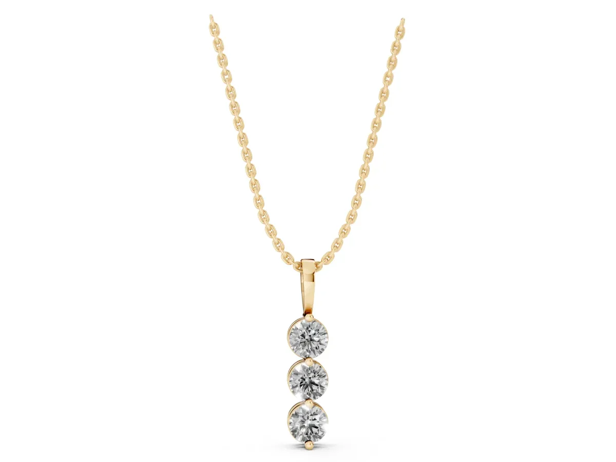 Three-Stone Round Diamond Drop Pendant with Four-Prong Setting Yellow gold