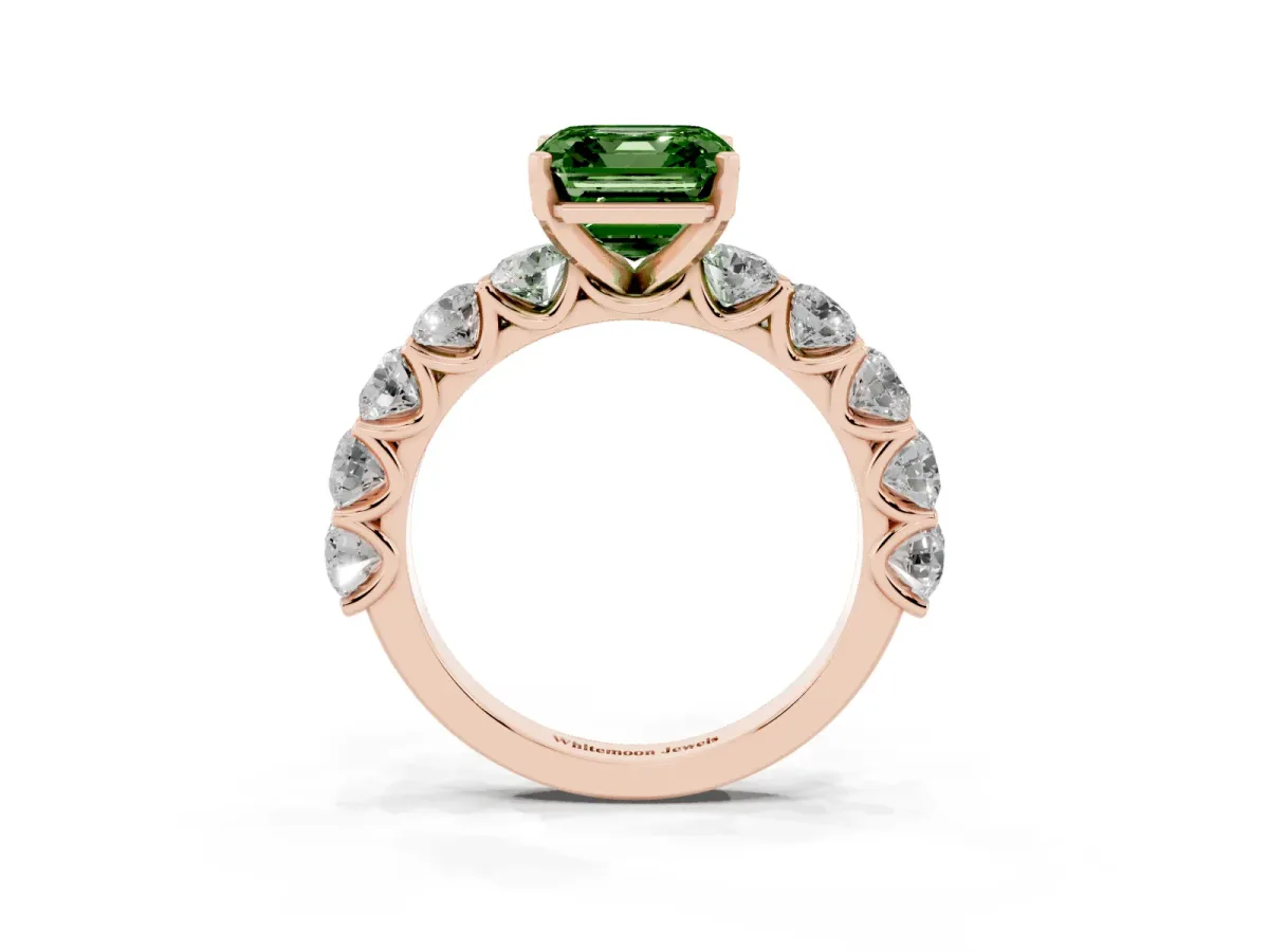 Fancy Green Asscher Cut Diamond Prong Setting with Side Stones on a Pave Band Rose gold