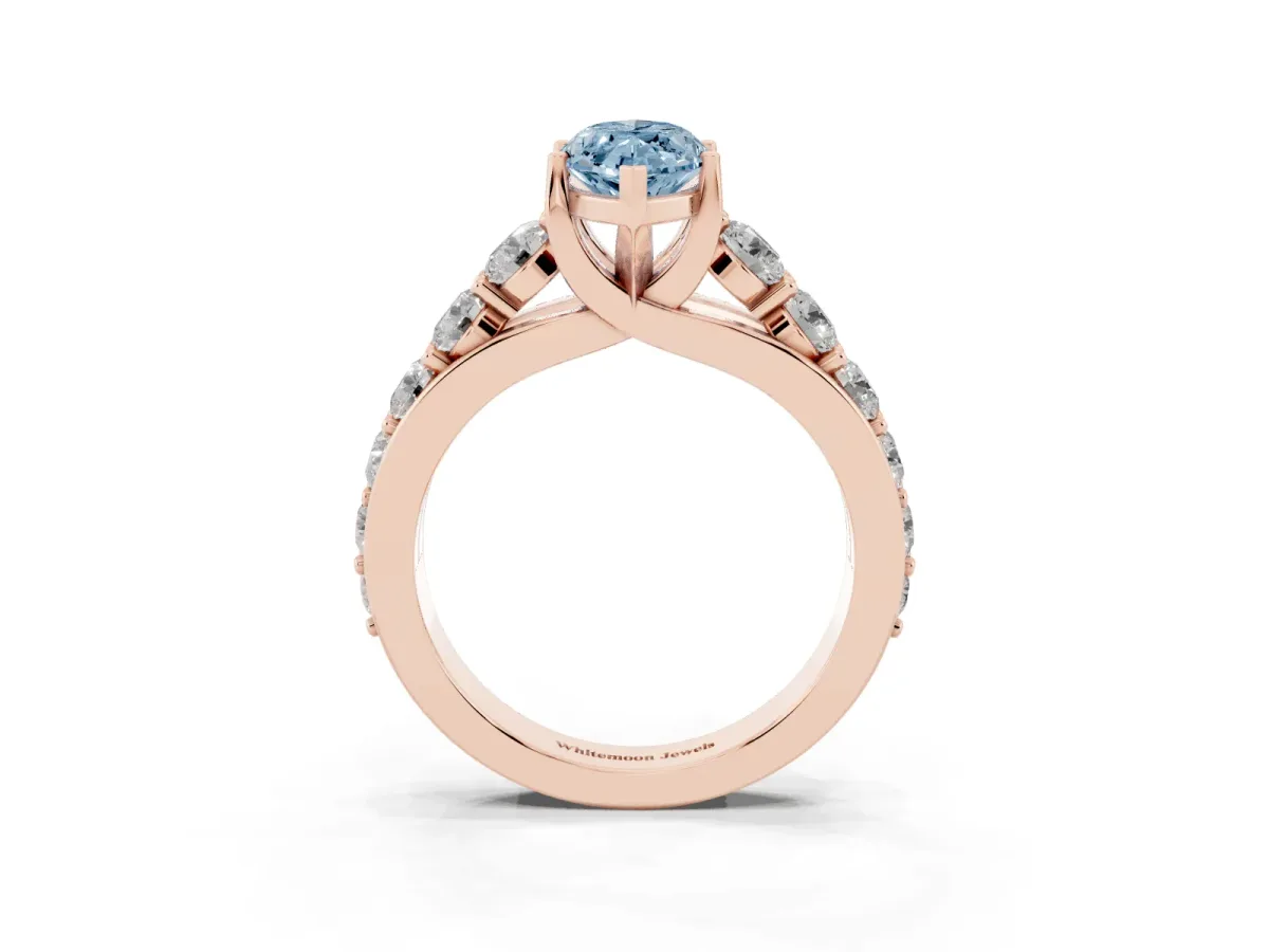 Fancy Blue Marquise Cut Diamond Engagement Ring with Pavé Band and Four-Prong Setting Rose gold
