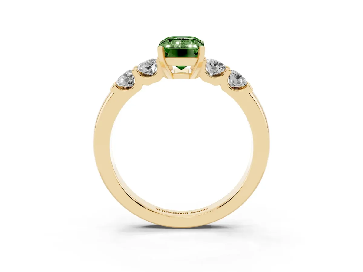 Fancy Green Emerald Cut Brilliant Cut Diamond Five-Stone Prong Set Engagement Ring with Channel Band Yellow gold