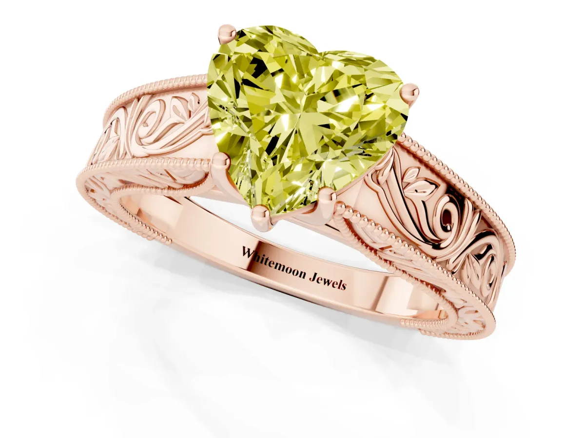 Fancy Yellow Heart Cut Diamond Solitaire Ring with Engraved Band and Four-Prong Setting Rose gold