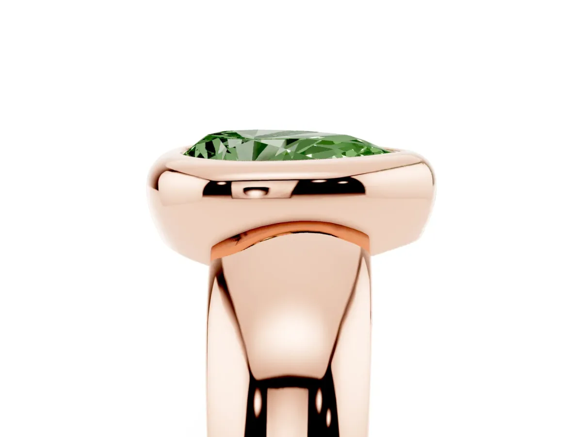Fancy Green Bezel Set Pear Cut Solitaire Ring with Wide Band Rose gold