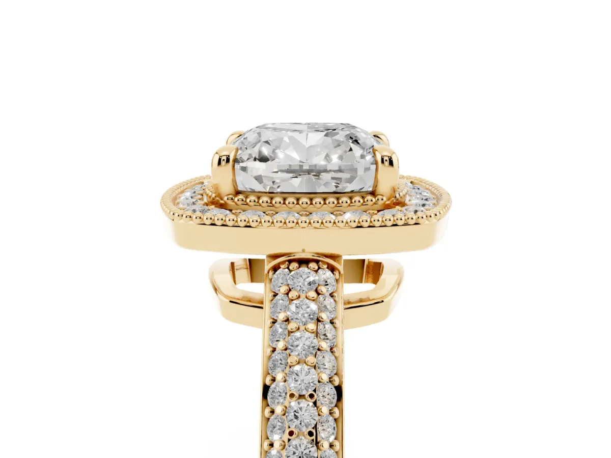 Cushion Cut Cut Halo Diamond Pave Band with Four-Prong Setting Yellow gold