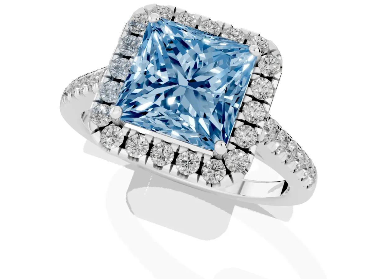 Fancy Blue Princess Cut Halo Pave Diamond Engagement Ring with Four-Prong Setting Platinum