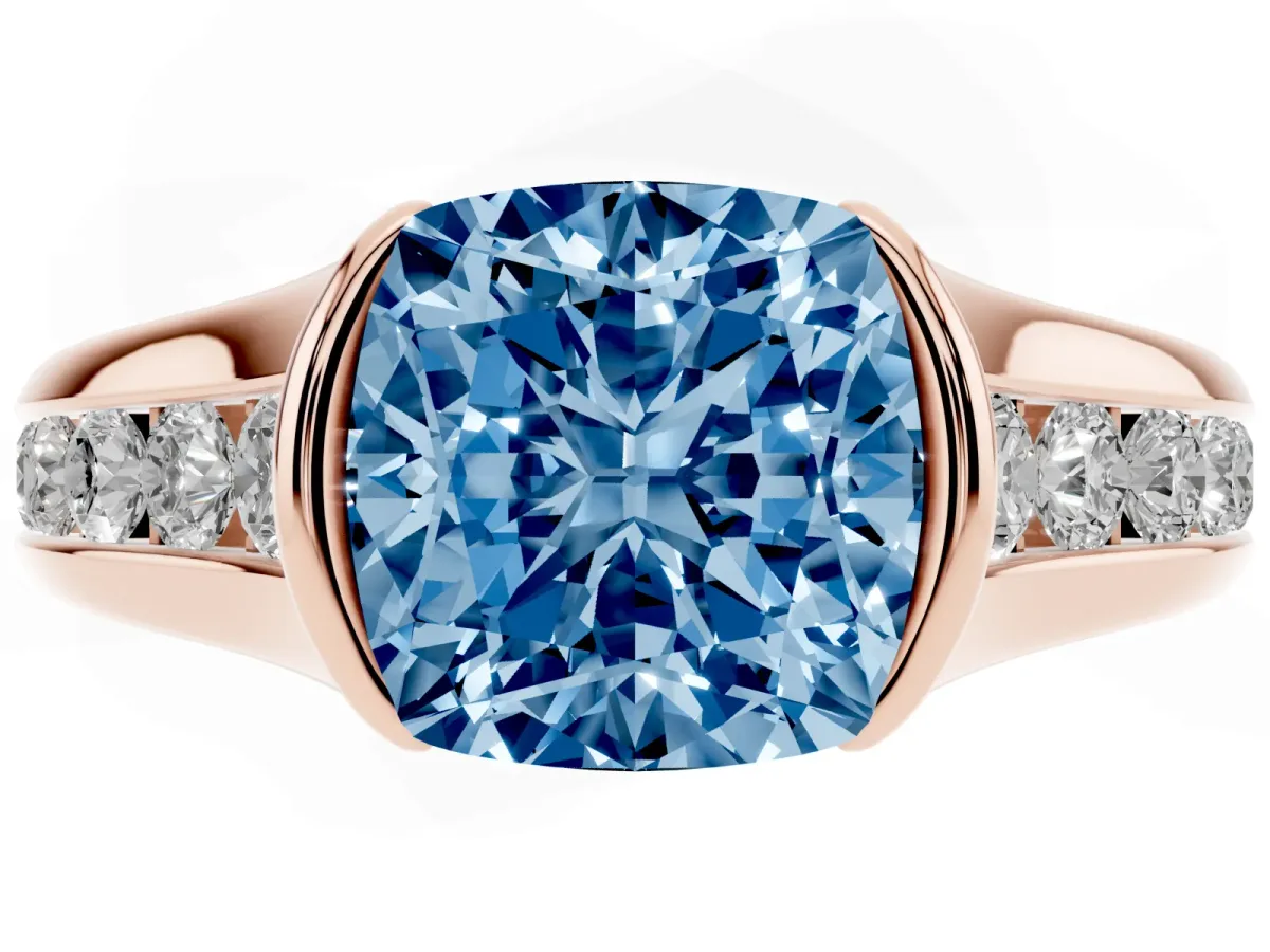 Fancy Blue Cushion Cut Solitaire Bezel-Set Diamond Ring with Channel-Set Band Rose gold