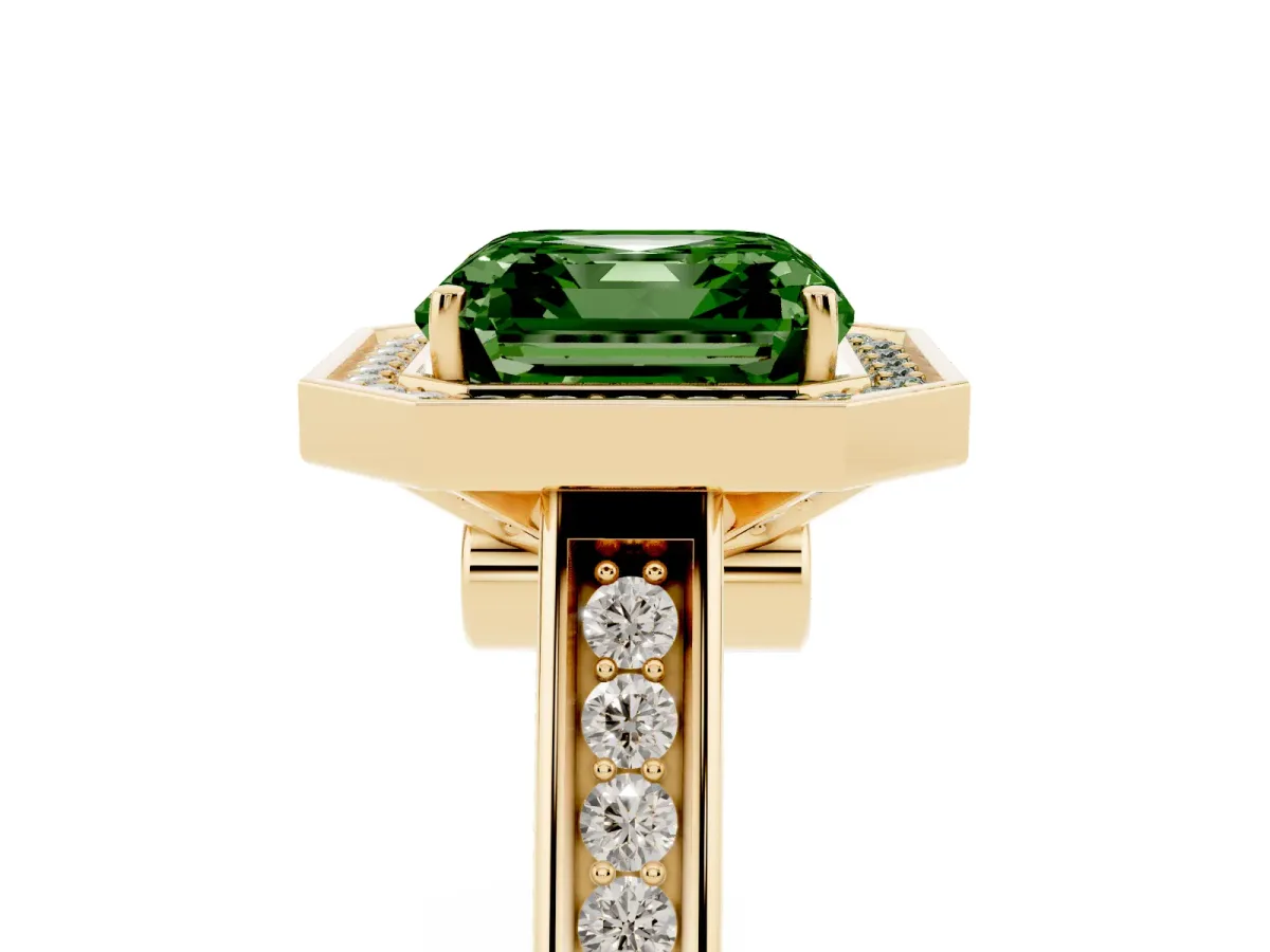 Fancy Green Asscher Cut Halo Solitaire Diamond Ring with Pave Band and Bezel Setting Yellow gold
