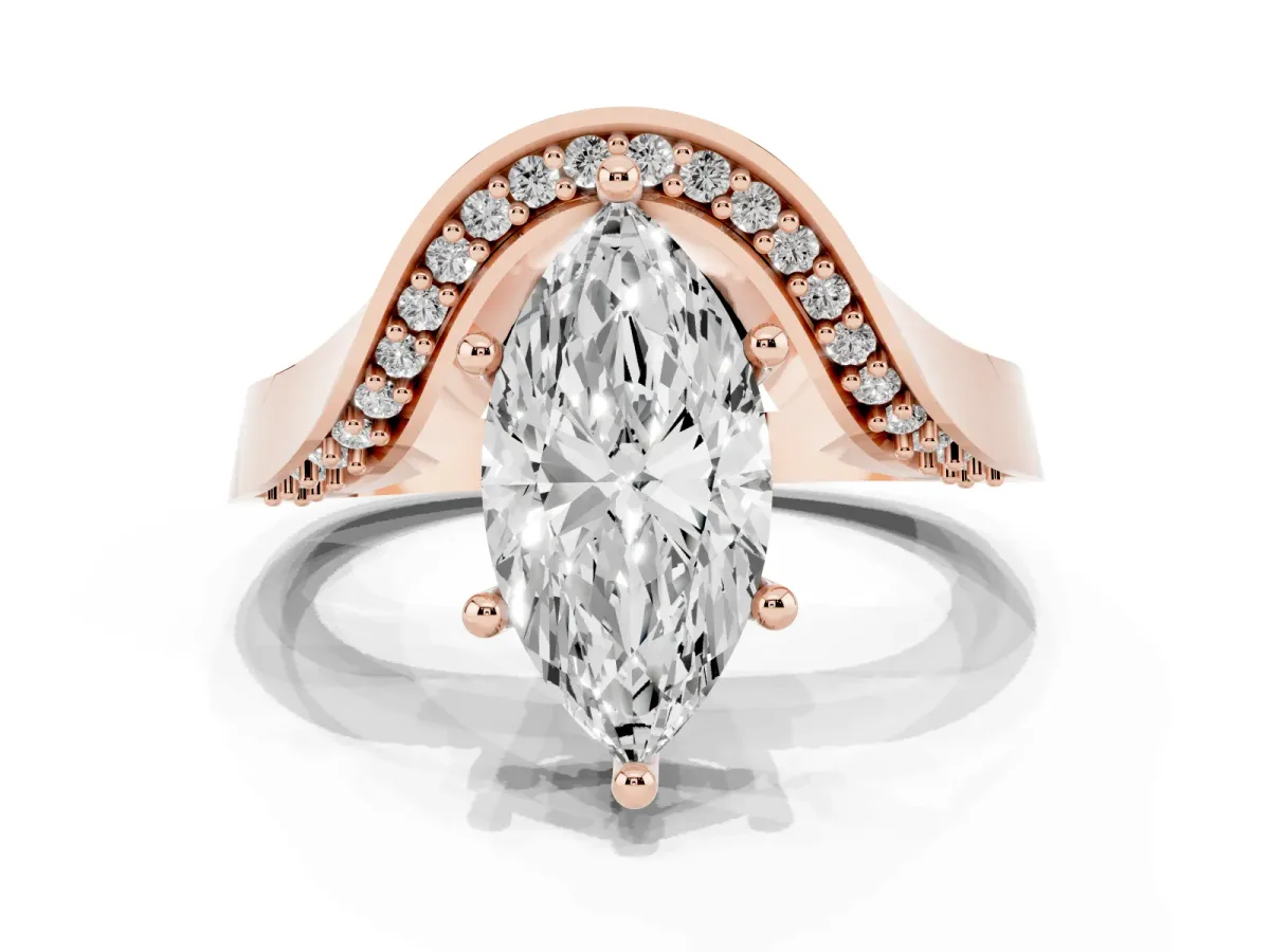 Marquise Cut Solitaire Diamond Engagement Ring with Pave Band and Four-Prong Setting Rose gold
