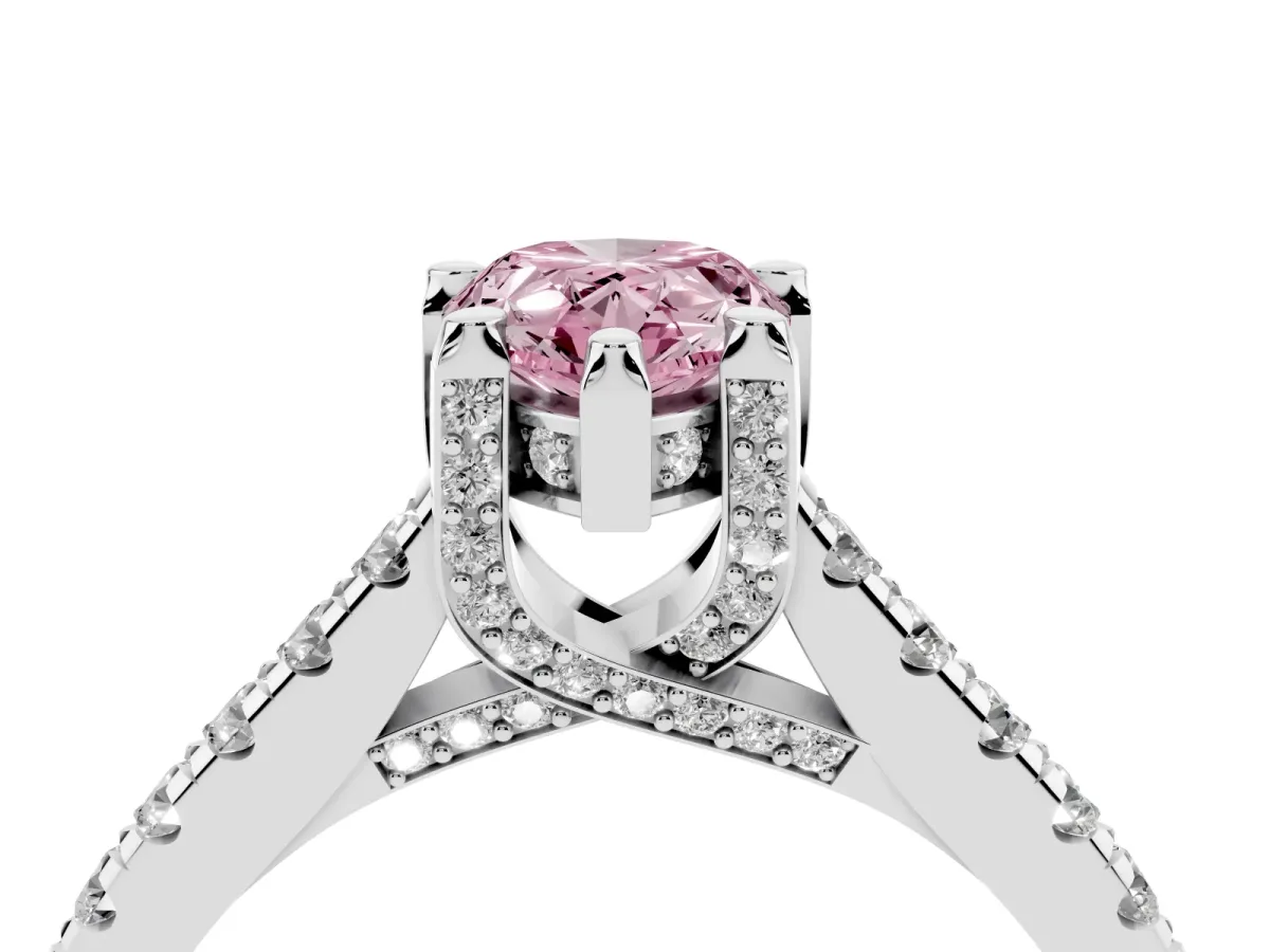 Fancy Pink Pear Cut Brilliant Diamond Solitaire with Pavé Band and Four-Prong Setting Silver