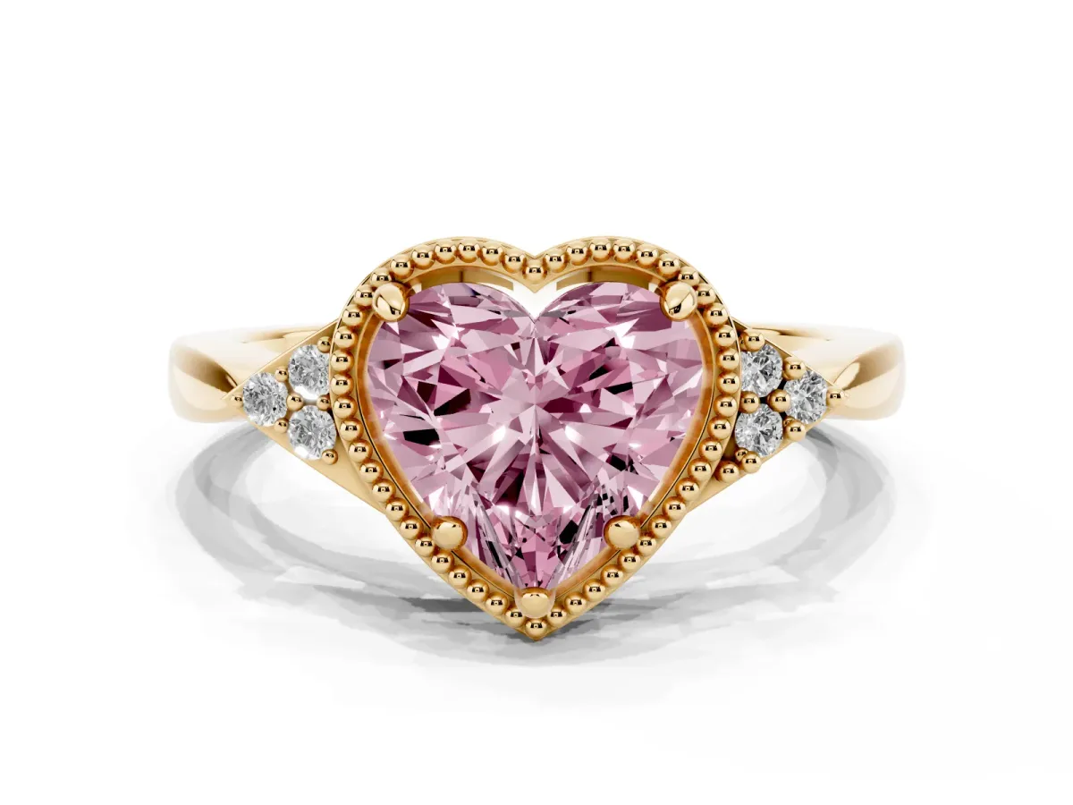 Fancy Pink Milgrain Heart Cut Cut Diamond Ring with Tapered Pave Band and Four Prong Setting Yellow gold