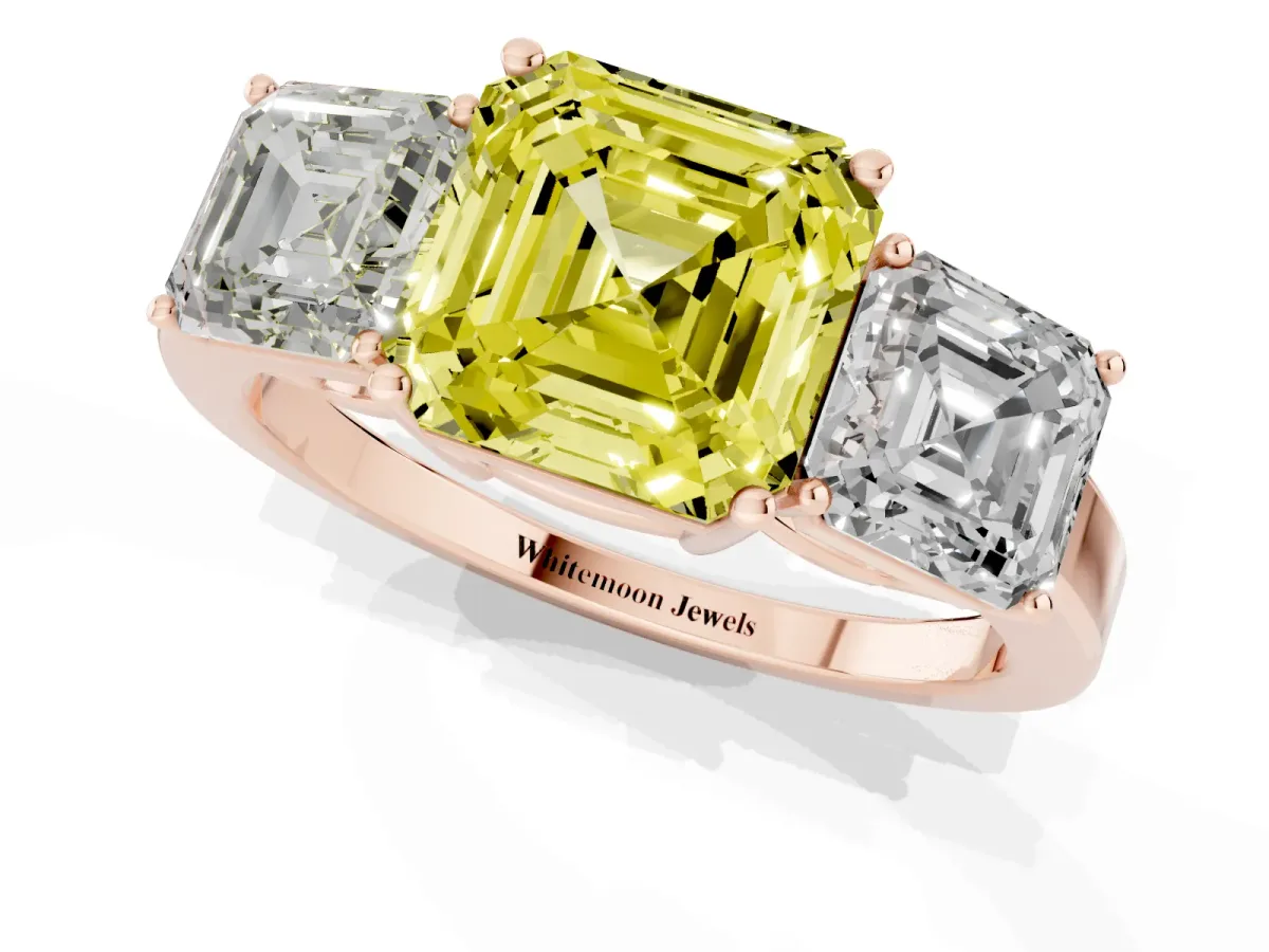 Fancy Yellow Three-Stone Asscher Cut Cut Diamond Engagement Ring with Flat Band and Four-Prong Setting Rose gold