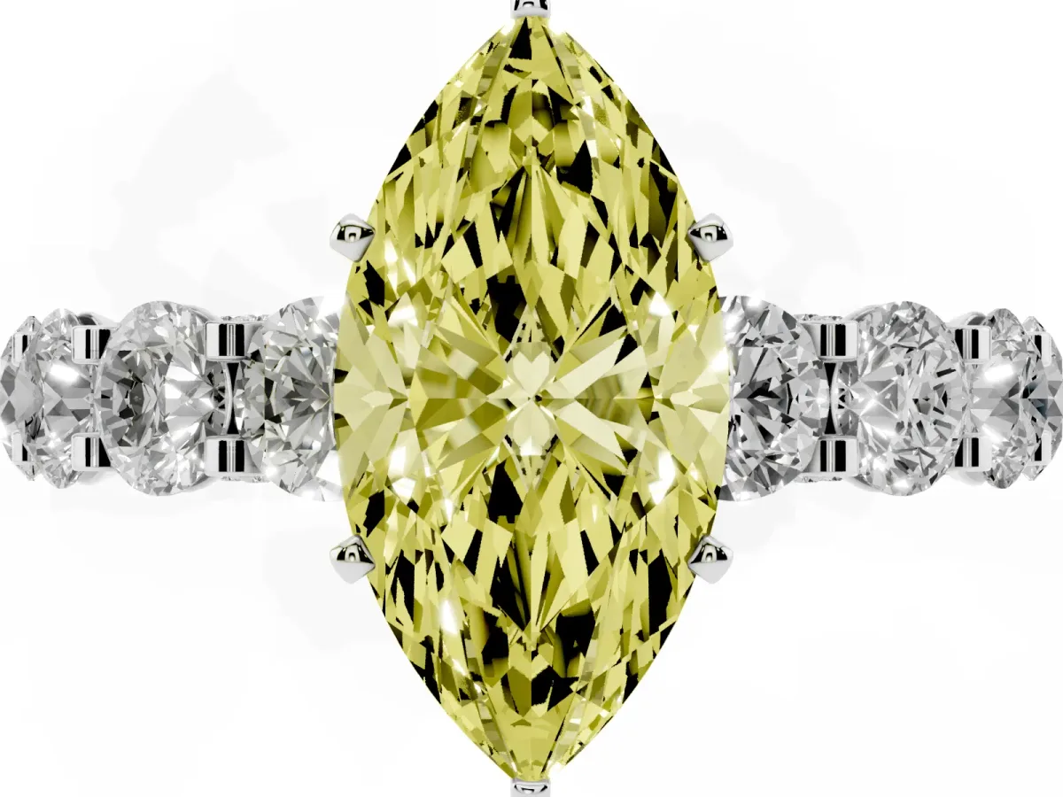 Fancy Yellow Marquise Cut Diamond Side Stone Engagement Ring with Four-Prong Setting Silver