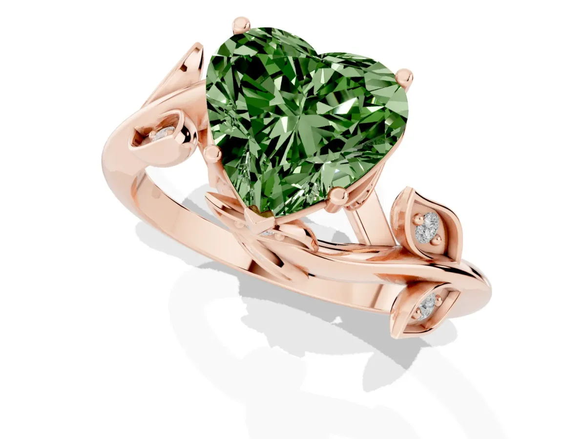 Fancy Green Heart Cut Solitaire Twist Engagement Ring with Leaf Accents and Prong Setting Rose gold