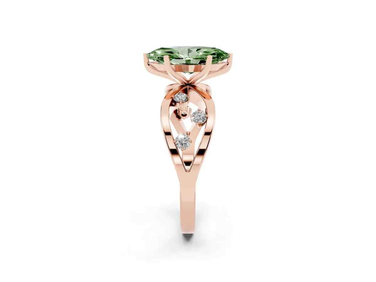 Fancy Green Marquise Cut Cut Solitaire Diamond with Side Stones on Criss-Cross Band and Four-Prong Setting Rose gold