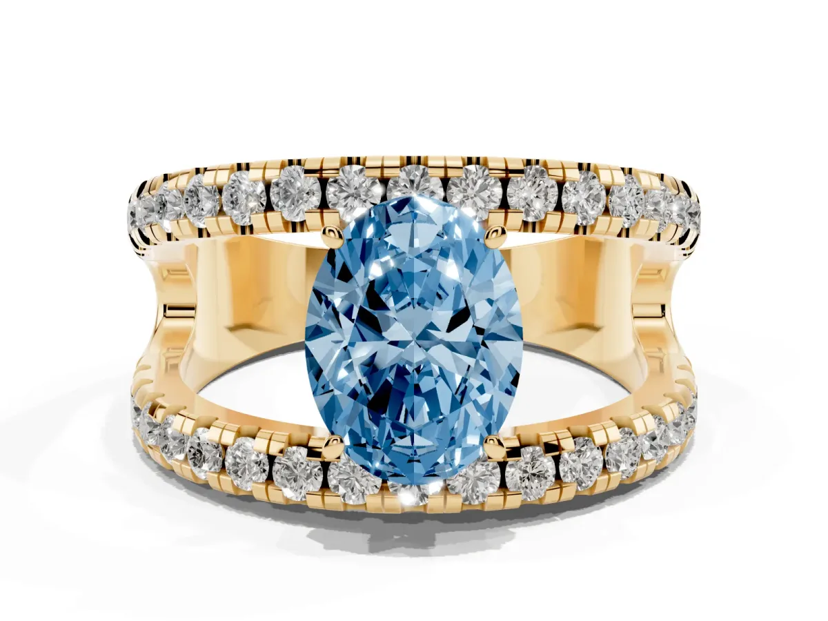 Fancy Blue Oval Cut Solitaire Split Shank Pave Diamond Ring Yellow gold