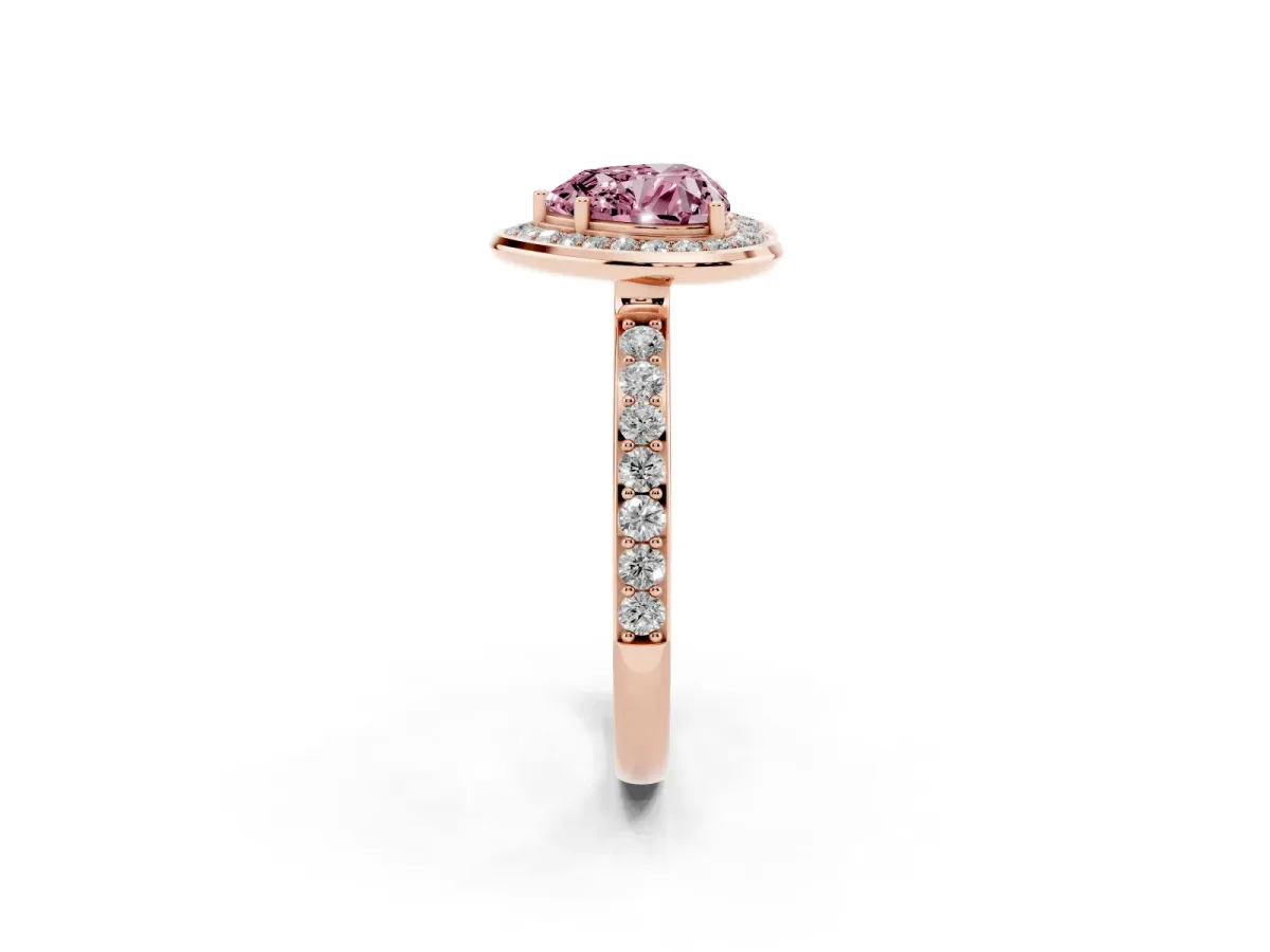 Fancy Pink Heart Cut Diamond Halo Ring with Bezel Frame and Pavé Band Rose gold