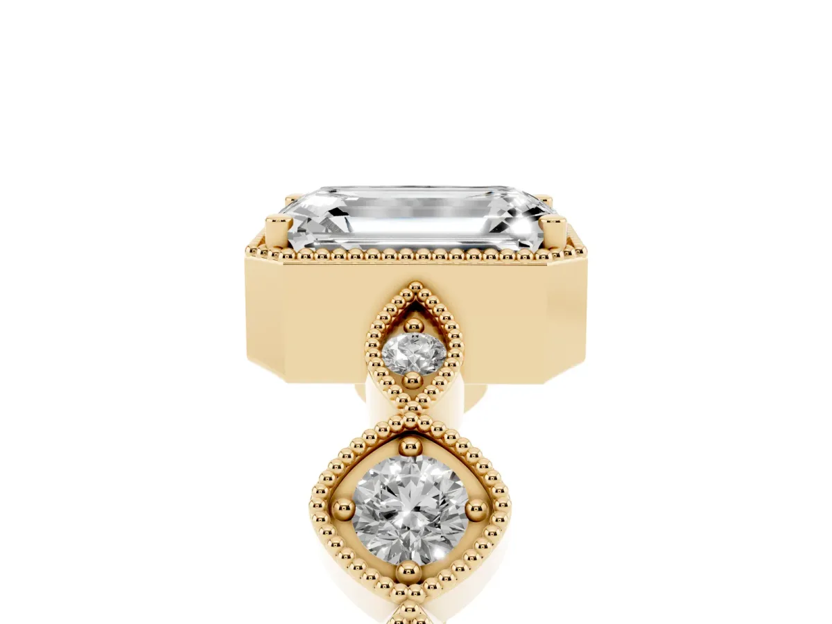 Emerald Cut Diamond Vintage Milgrain Ring with Round Stations Yellow gold