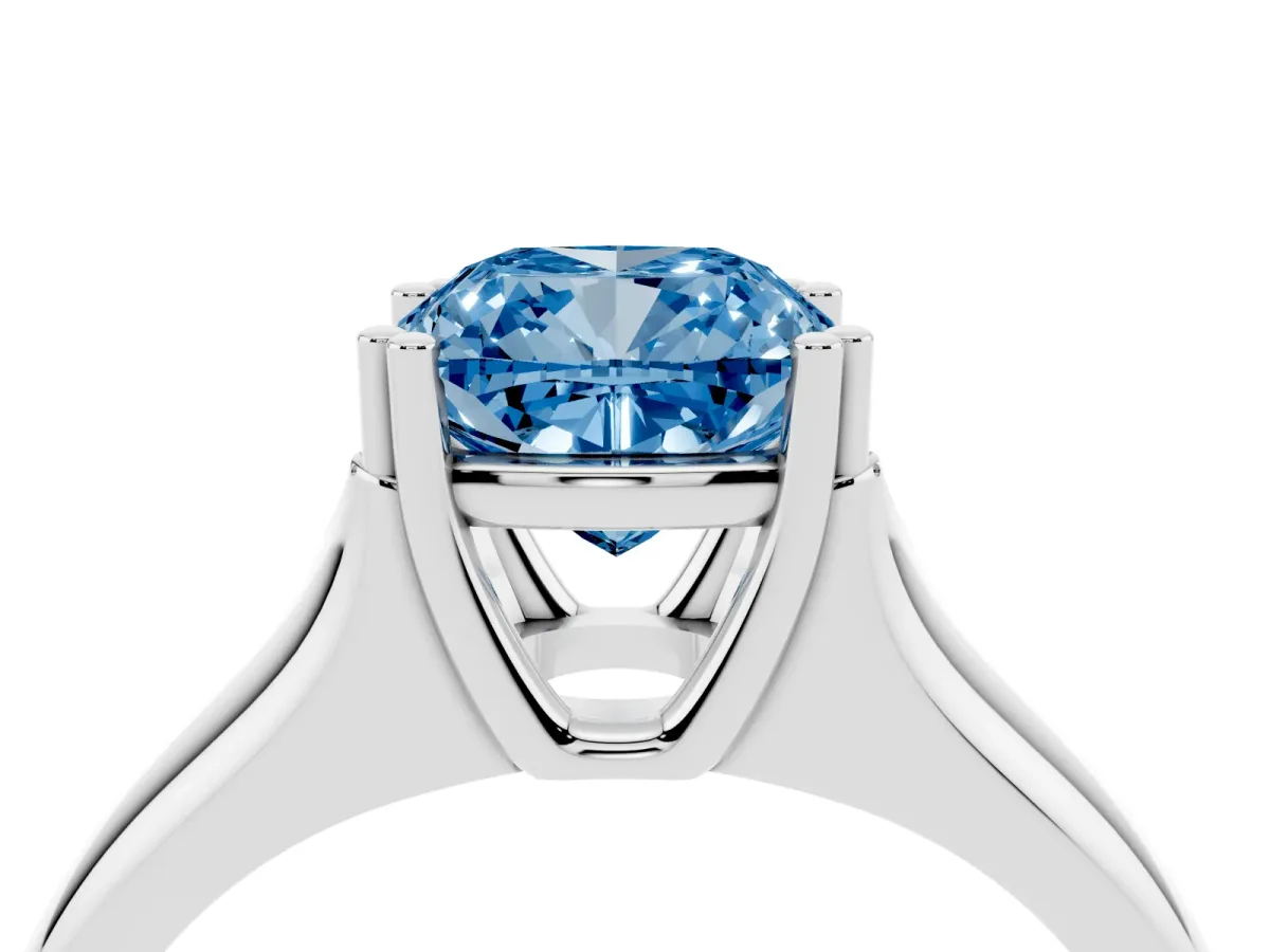 Fancy Blue Cushion Cut Diamond Solitaire Ring with Wide Band and Prong Setting Silver