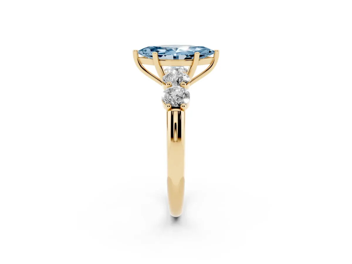 Fancy Blue Marquise Cut Cut Five-Stone Prong Set Diamond Ring with Classic Band Yellow gold