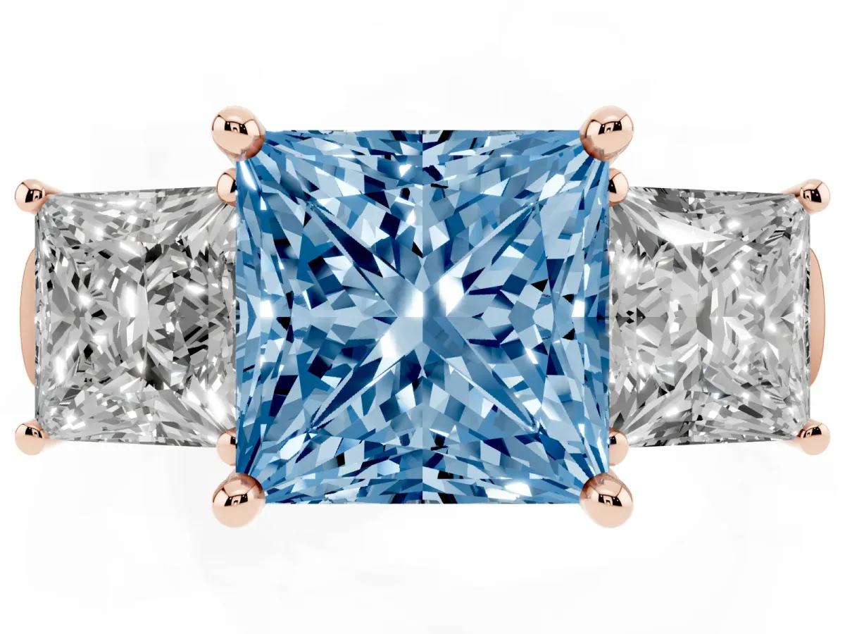 Fancy Blue Three-Stone Princess Cut Brilliant Diamond Trellis Ring with Comfort Fit Band Rose gold