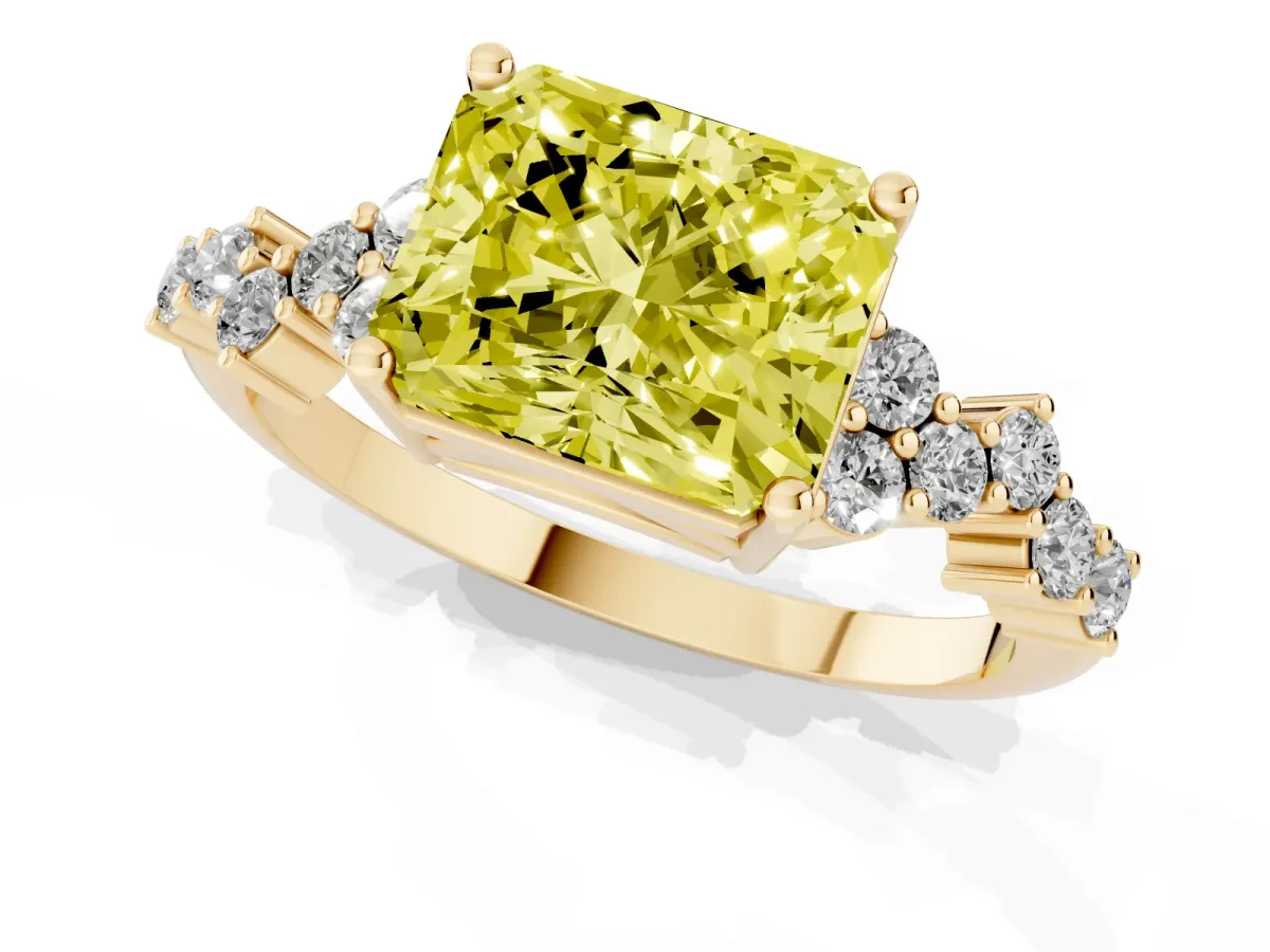 Fancy Yellow Radiant Cut Diamond Scattered Round Accent Ring with Prong Setting Yellow gold