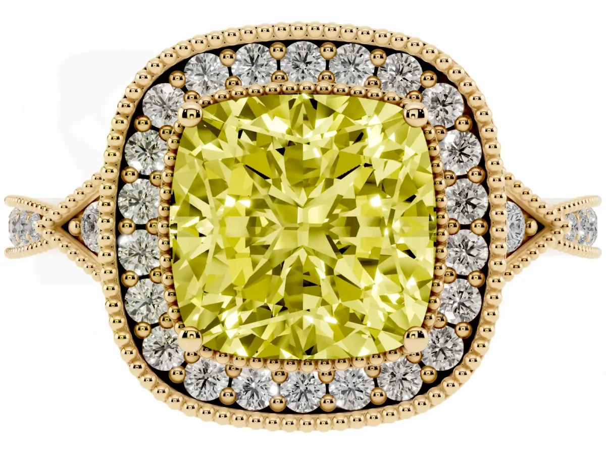 Fancy Yellow Cushion Cut Halo Round Diamond Milgrain Pave Engagement Ring Yellow gold