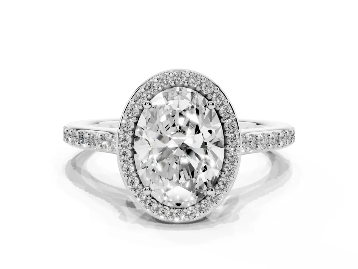 Oval Cut Diamond Halo Engagement Ring with Round Pavé Shoulders and Prong Setting Silver