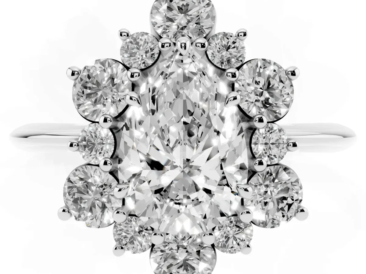 Pear Cut Diamond Cluster Halo Ring with Solitaire Band and Four-Prong Setting Silver