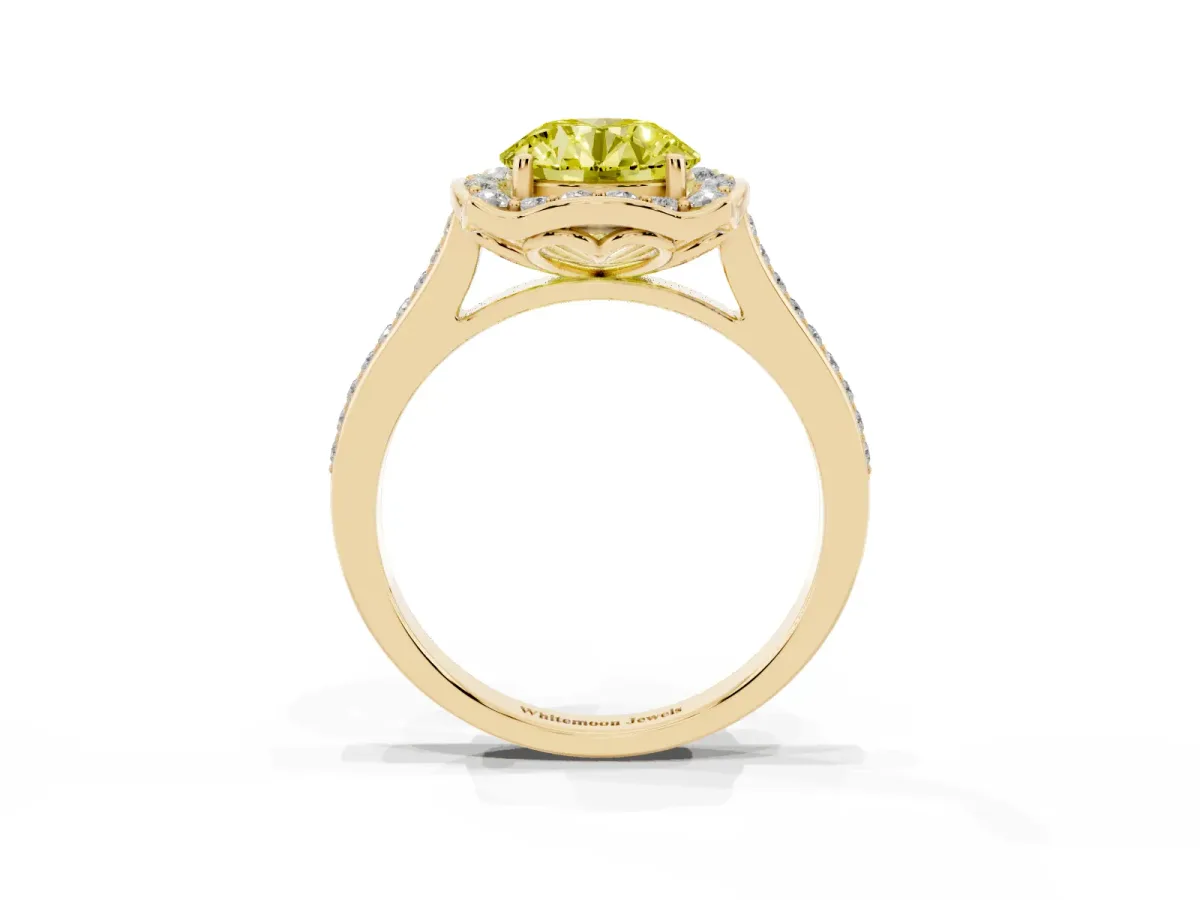 Fancy Yellow Round Cut Halo Round Diamond Pave Band with Four-Prong Setting Yellow gold