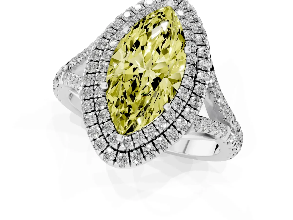 Fancy Yellow Double Halo Marquise Cut Diamond Split Shank Engagement Ring with Four-Prong Setting Silver