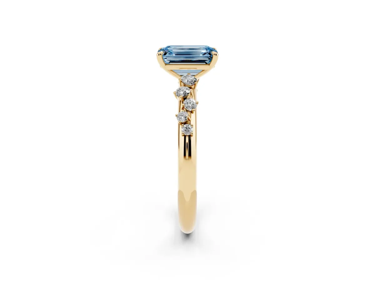 Fancy Blue Emerald Cut Diamond Cluster Prong-Set Solitaire Ring Yellow gold
