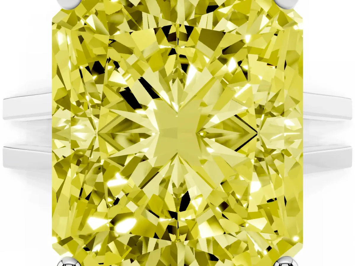 Fancy Yellow Radiant Cut Cut Diamond Solitaire Engagement Ring with Tapered Plain Band and Four-Prong Setting Silver