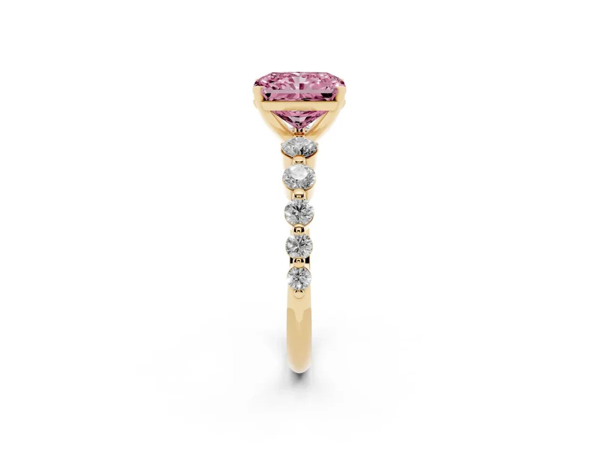 Fancy Pink Radiant Cut Solitaire Diamond Ring with Pave Band and Four-Prong Setting Yellow gold
