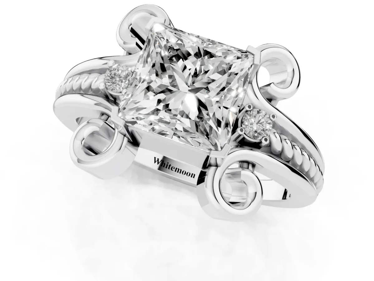 Princess Cut Solitaire Twisted Band Scroll Prong Ring Silver