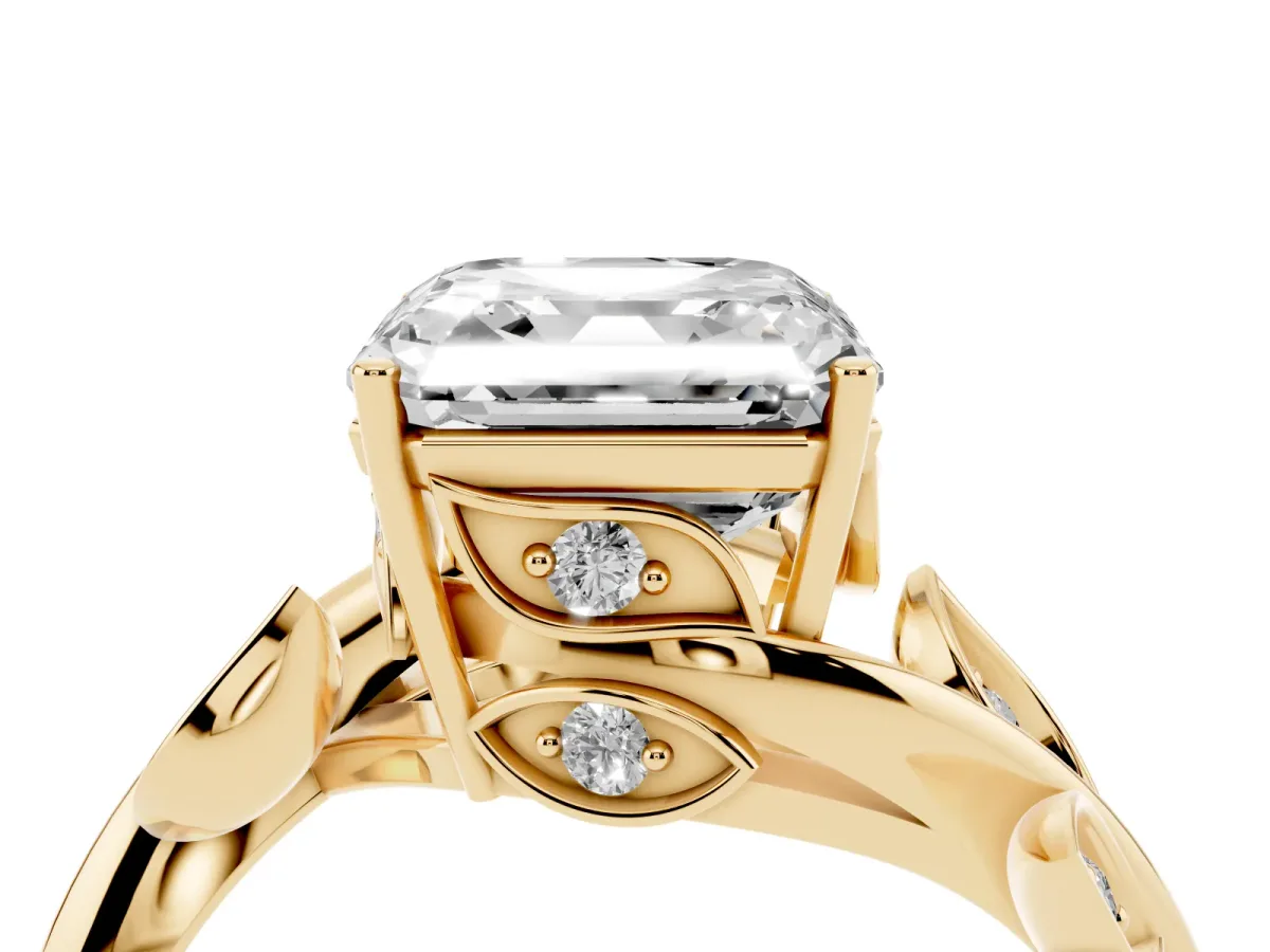 Asscher Cut Solitaire Twist Engagement Ring with Leaf Accents and Prong Setting Yellow gold