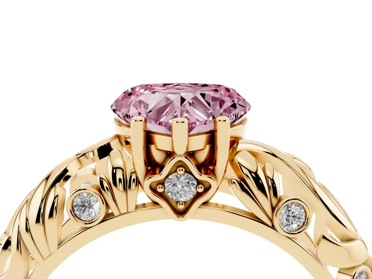 Fancy Pink Heart Cut Solitaire Diamond Leaf-Inspired Vine Band Ring with Prong Setting Yellow gold