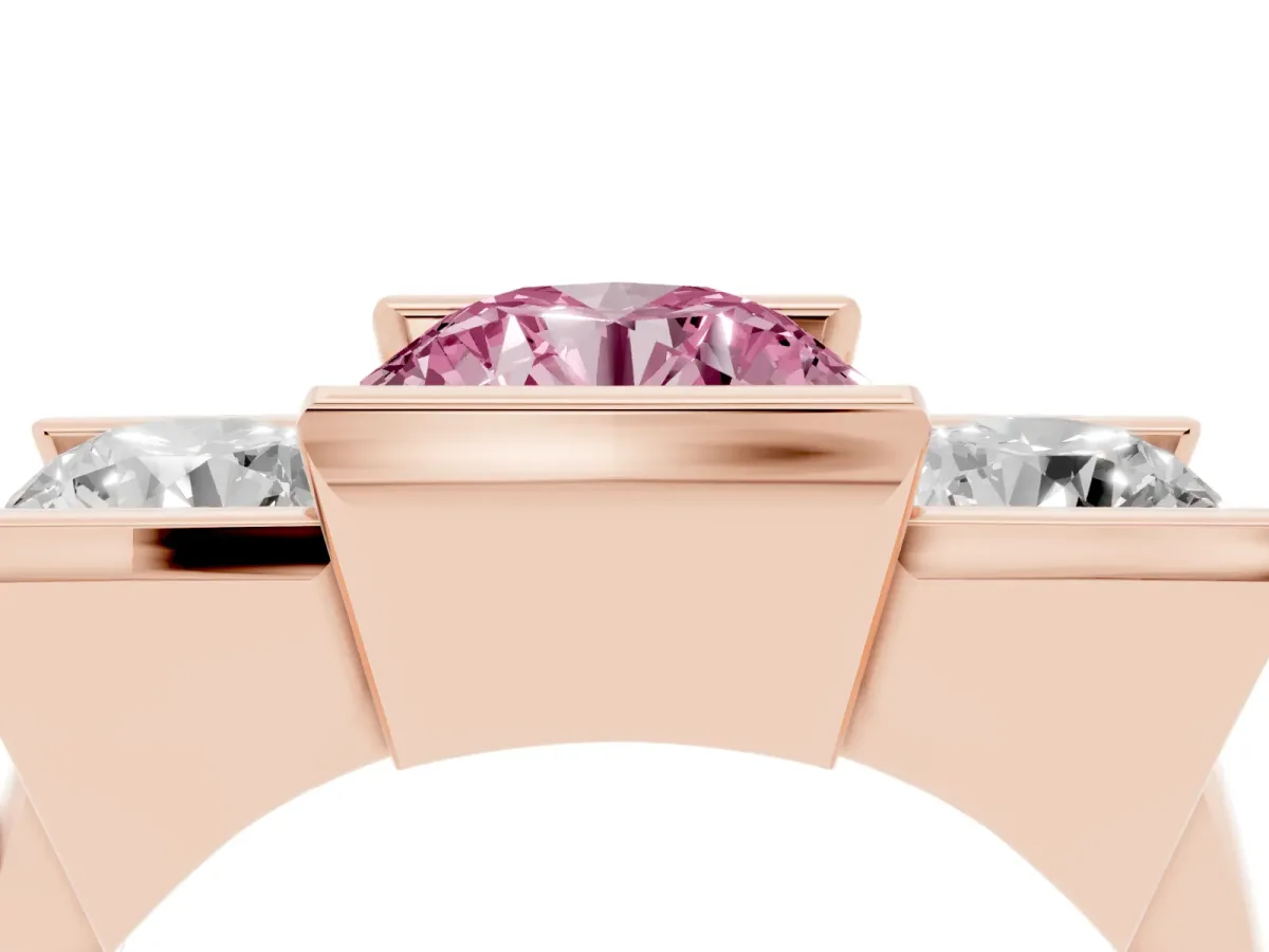 Fancy Pink Three Stone Round Cut Cut Channel Set Diamond Ring Rose gold