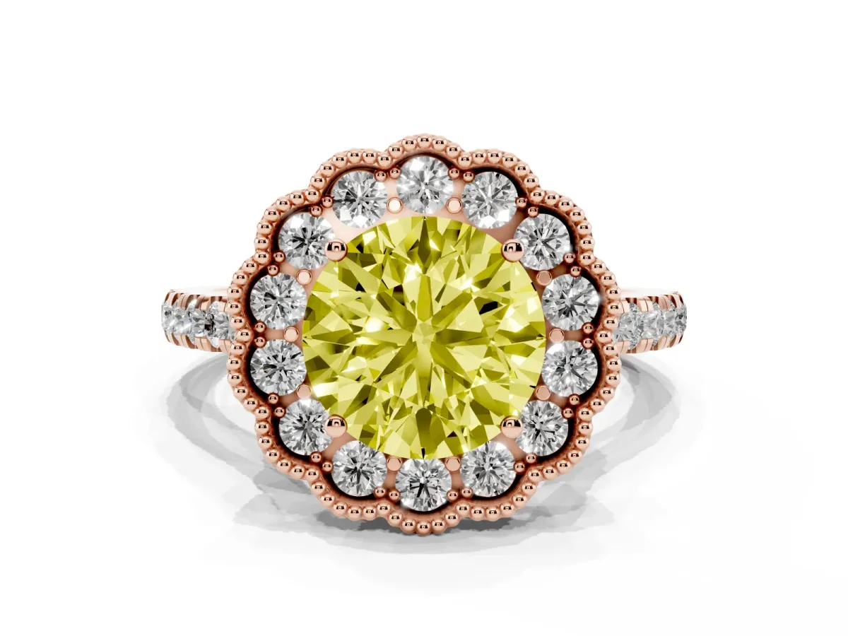 Fancy Yellow Round Cut Cut Diamond Milgrain Floral Halo Engagement Ring with Pavé Band Rose gold