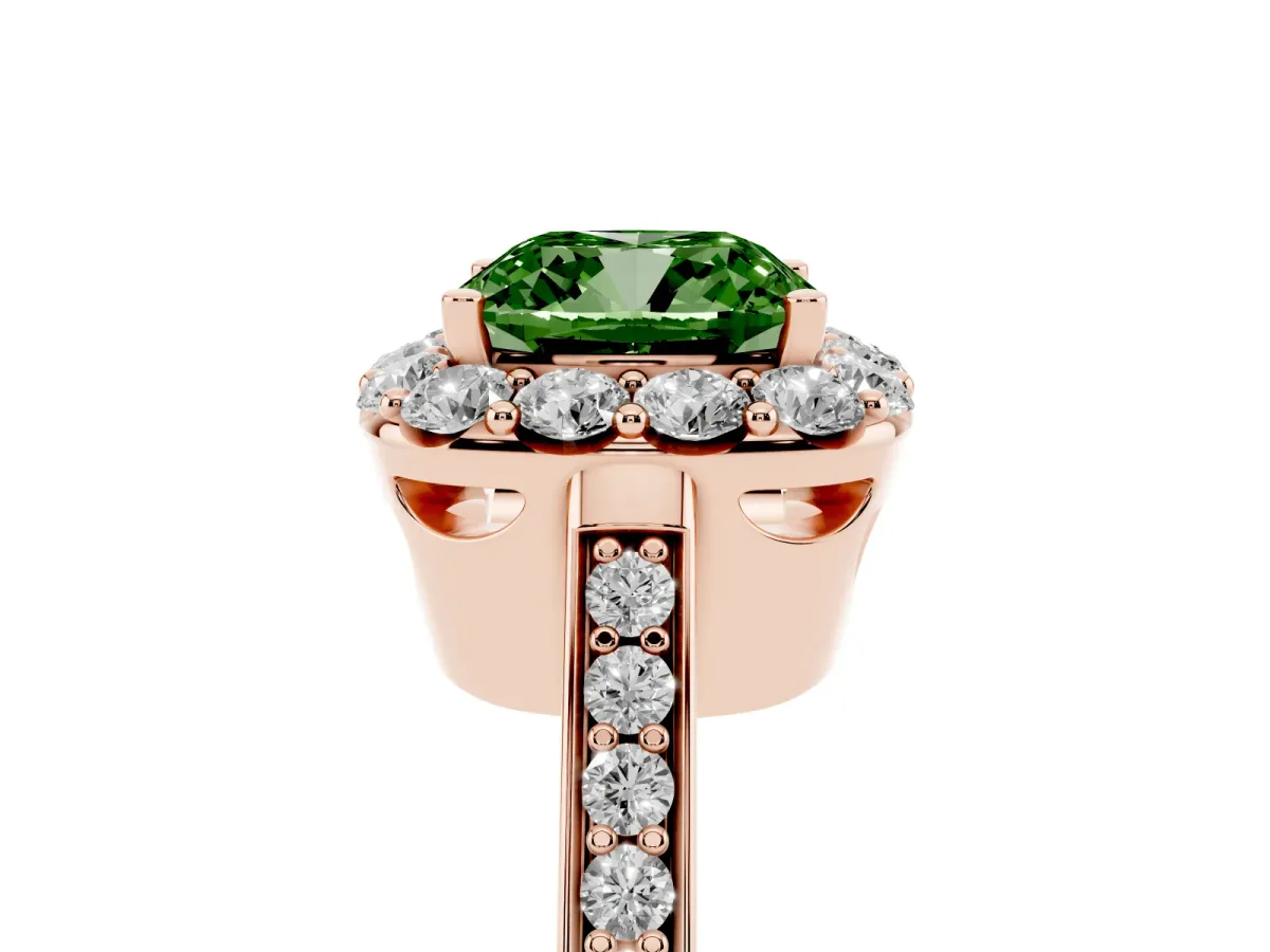 Fancy Green Cushion Cut Diamond Floral Halo Ring with Pavé Band and Prong Setting Rose gold