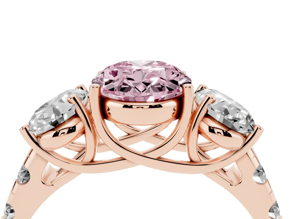 Fancy Pink Three-Stone Oval Cut Diamond Pavé Band with Prong Setting Rose gold