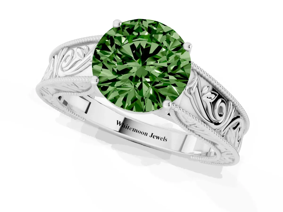 Fancy Green Round Cut Diamond Solitaire Ring with Engraved Band and Four-Prong Setting White gold
